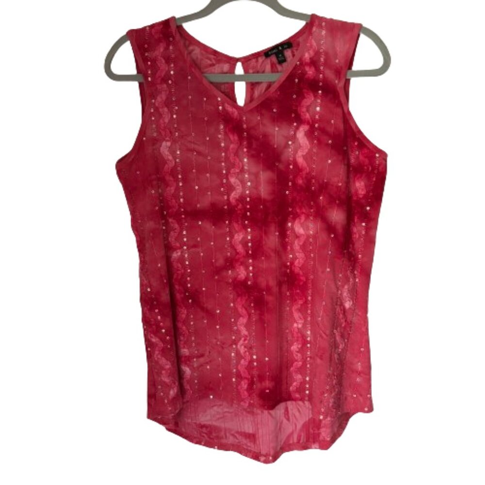 SAMI & JO SEQUINED RIBBON HIGH LOW PINK TYE DYE SLEEVELESS V NECK TUNIC SIZE M